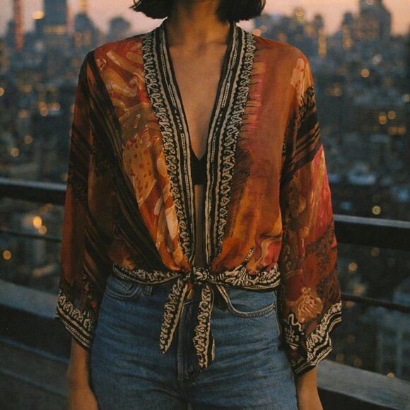 Chico's Jackets & Blazers - Chico's 100% Silk Natural Fiber Boho Open Front Cropped Kimono Jacket L/XL